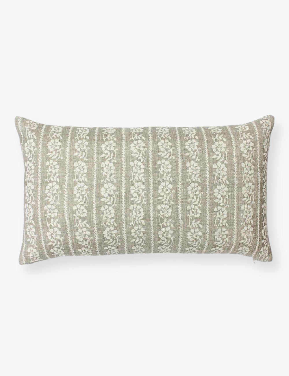 Lumbar floral cushion with a floral motif running down in stripe form. Floral motif is an off white colour along a muted brown/beige back.