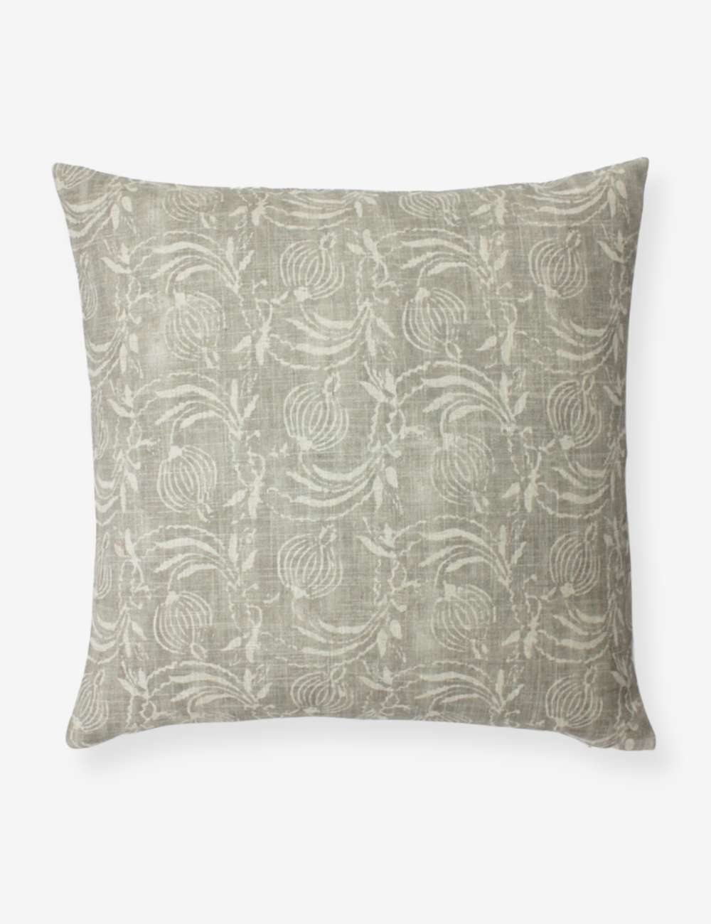 Square brown grey cushion cover with a subtle block print design running across the front. 