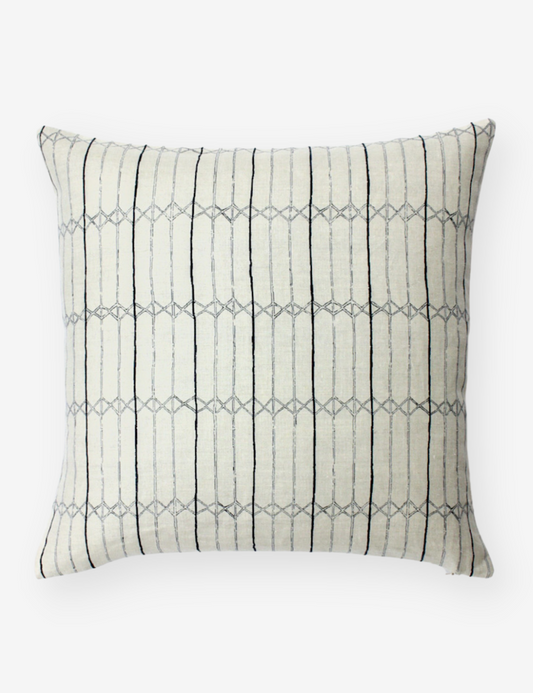 Square scatter cushion with a subtle two-tone striped indigo pattern running along an off-white background.