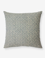 Square blue cushion cover with an intricate floral block print pattern running across.