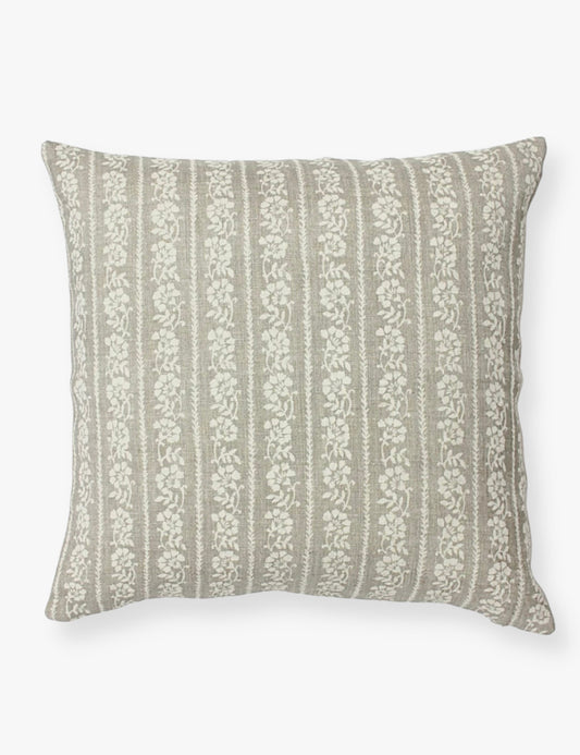 Square floral cushion with a floral motif running down in stripe form. Floral motif is an off white colour along a muted brown/beige back.